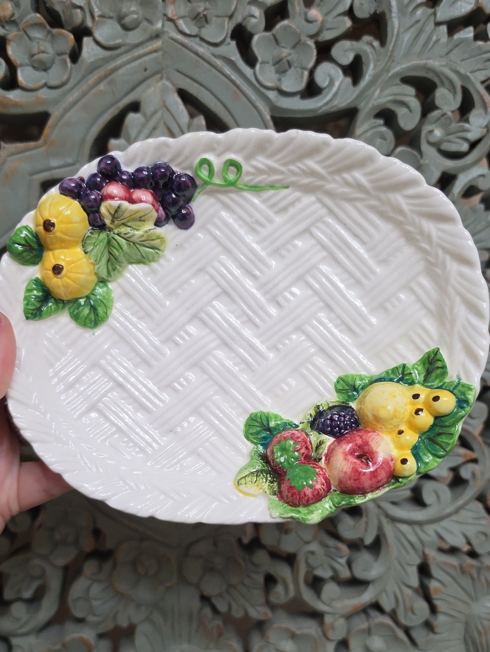 Vintage 1960’s Lefton Japan Serving Dish, Fruit & Pattern Weave ESD